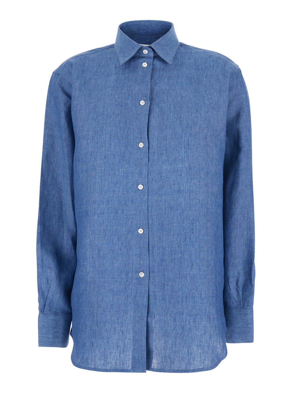 Blue Shirt with Classic Collar and Button Closure for Women Blu Linen Blouses