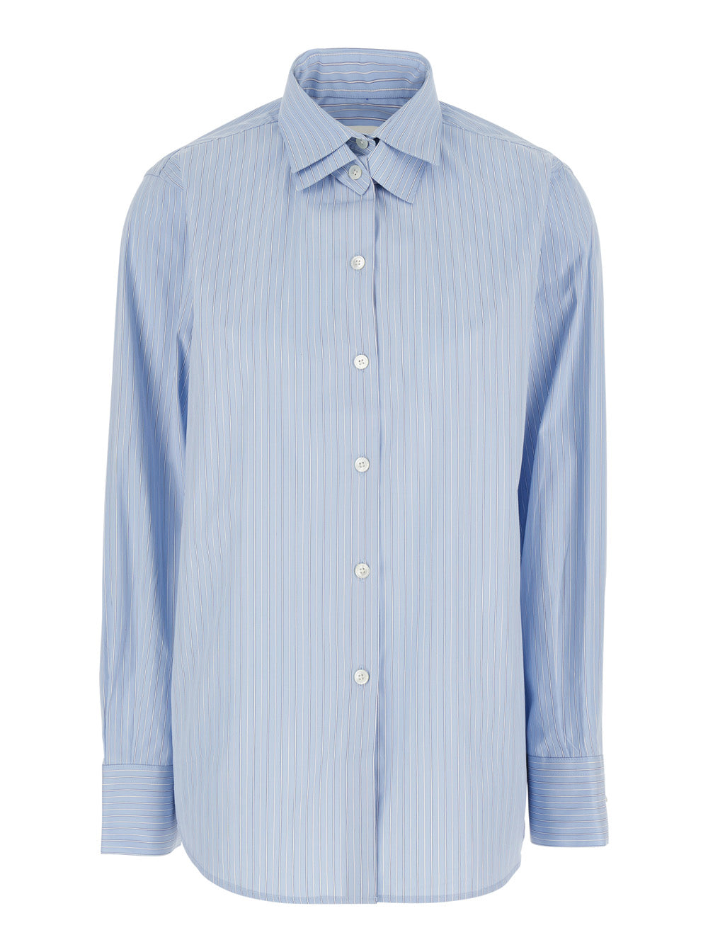 Blue Shirt with Double Collar and All-Over Striped Motif in Cotton for Women Light Blouses