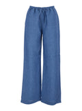 Blue Linen Pants with Elastic Waist and Drawstring for Women Blu Trousers