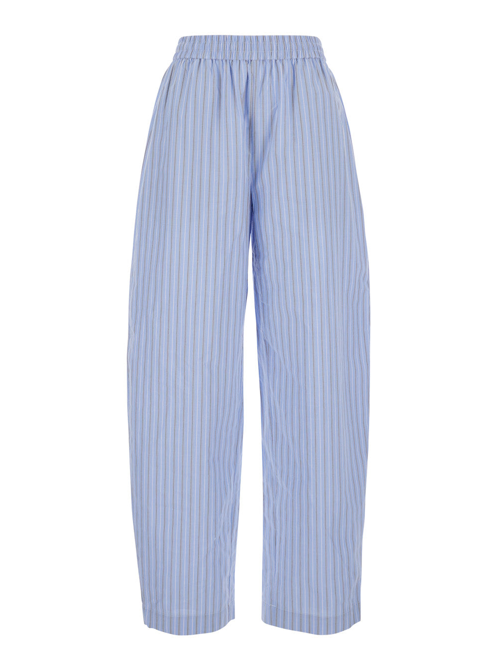 Blue Pants with Elastic Waist and Striped Design in Cotton Poplin for Women Light Biologic Trousers