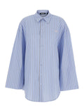 Oversized Shirt with All-Over Stripes Motif and Embroidered Logo on the Front in Light Blue Cotton Poplin for Women Blouses