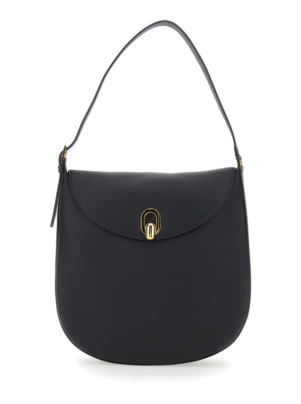 Shoulder Bag Tondo with Adjustable Strap and Logo Plate on the Front Black Calf