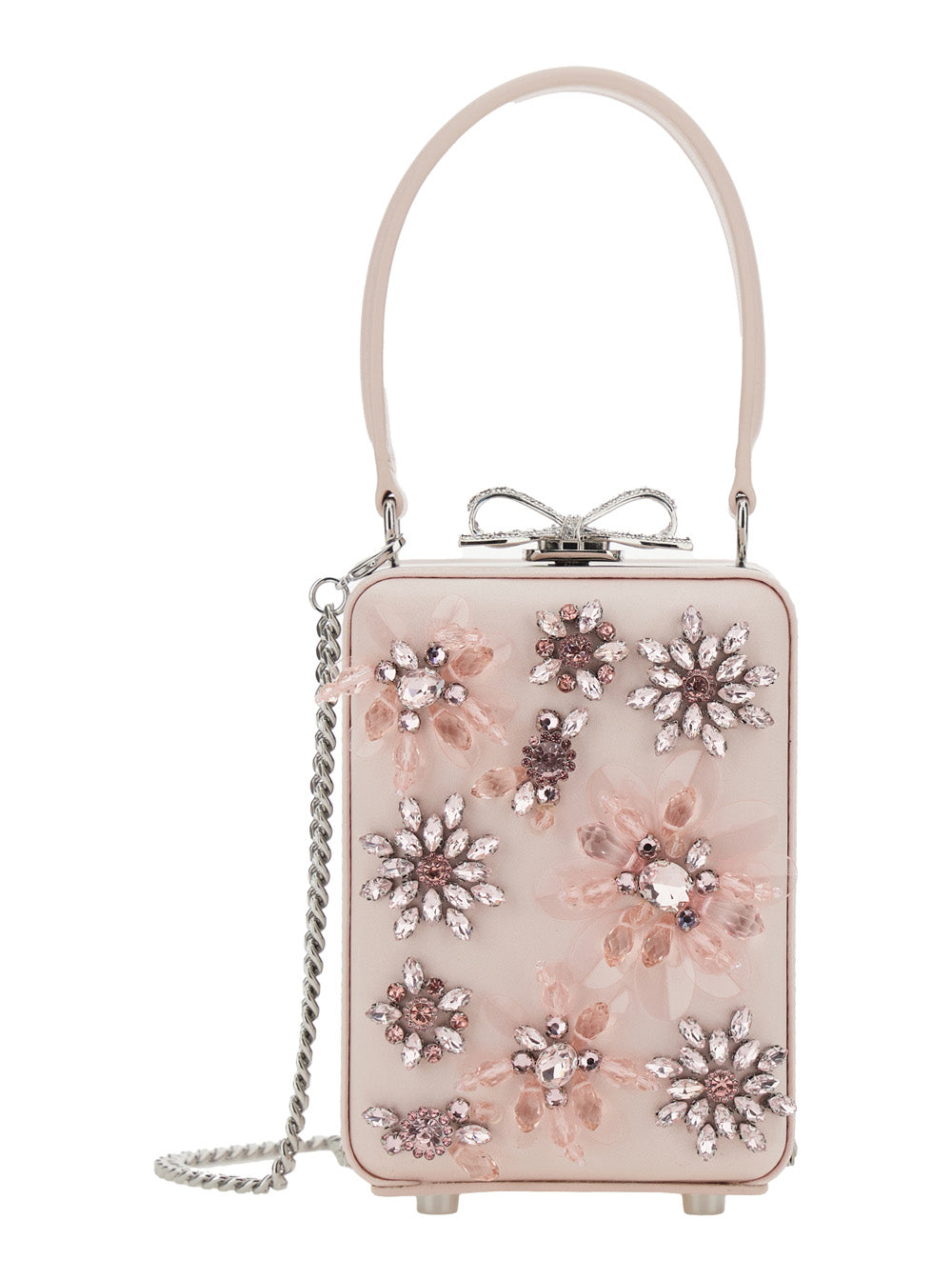 Flora Clutch with All-Over Floral Details and Metallic Bow in Pink Satin for Women Polyester Elastane Clutches Pochettes