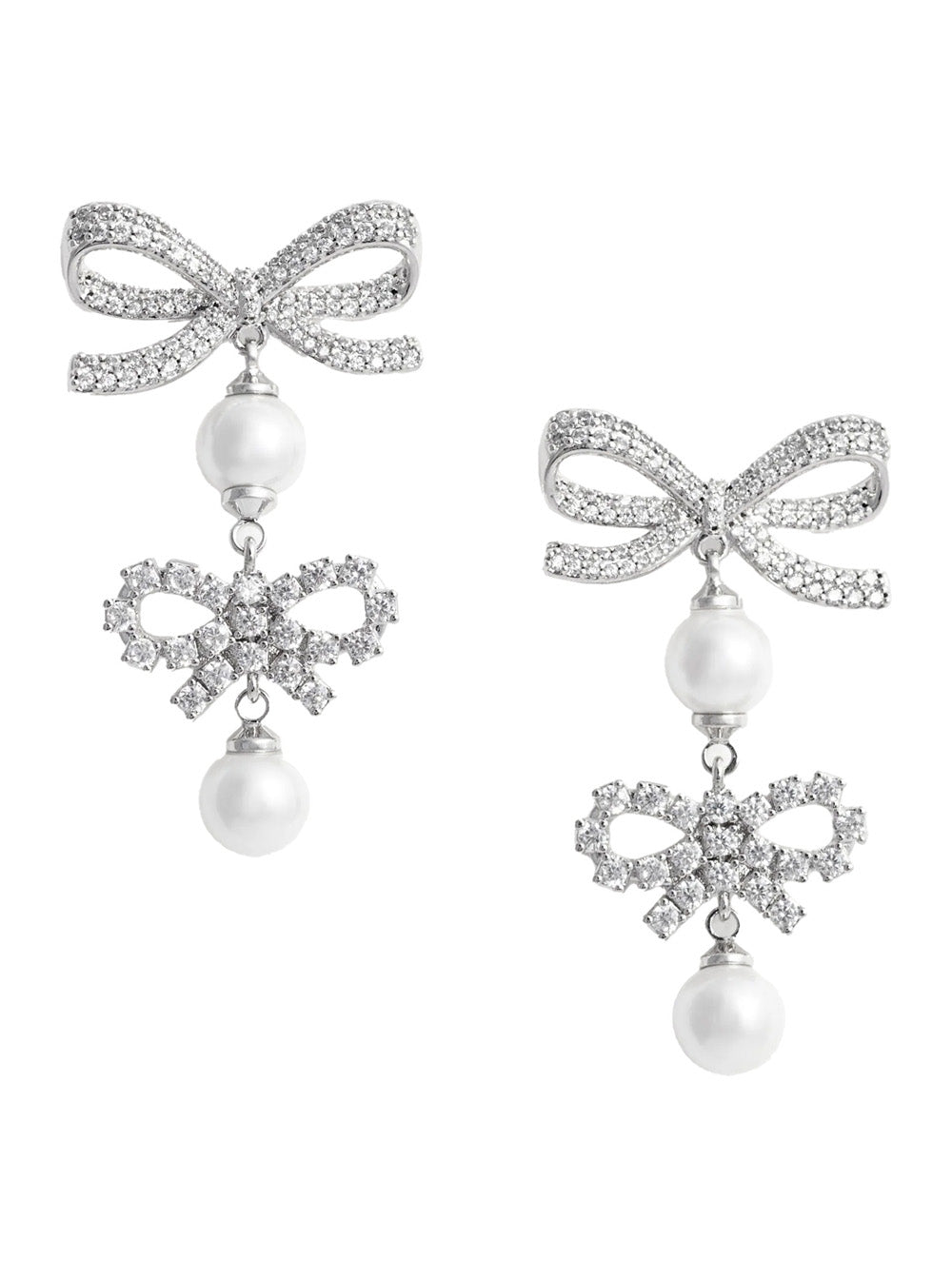 Double Bow Earrings with All-Over Crystal Decoration in Silver-Colored Copper for Women Metallic