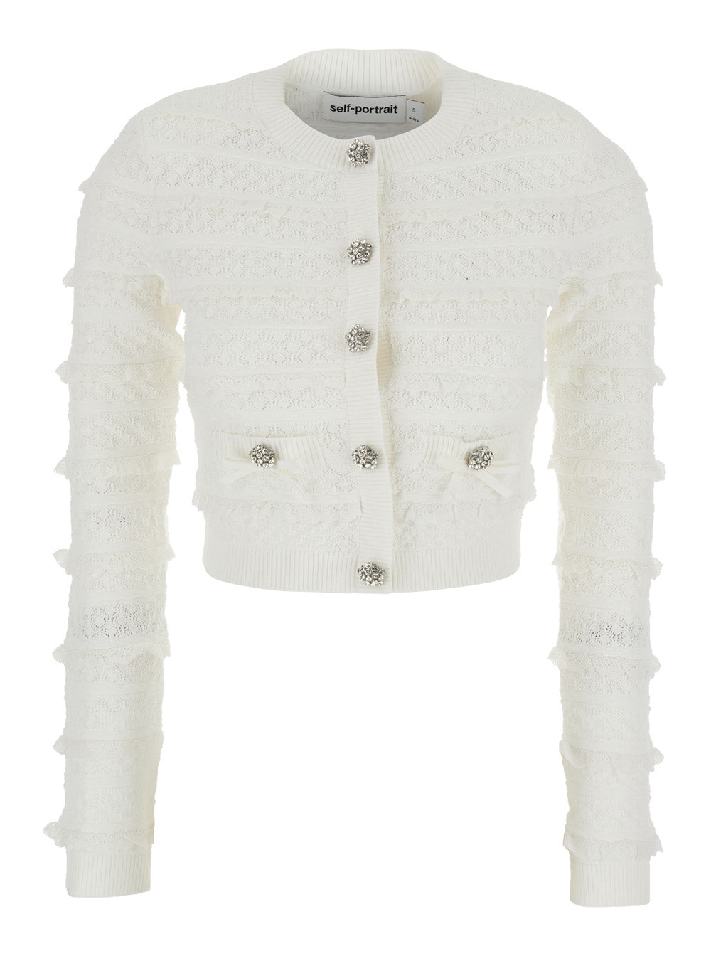 Cardigan White Pointelle Diamante With Long Sleeves In Knit For Women Jersey