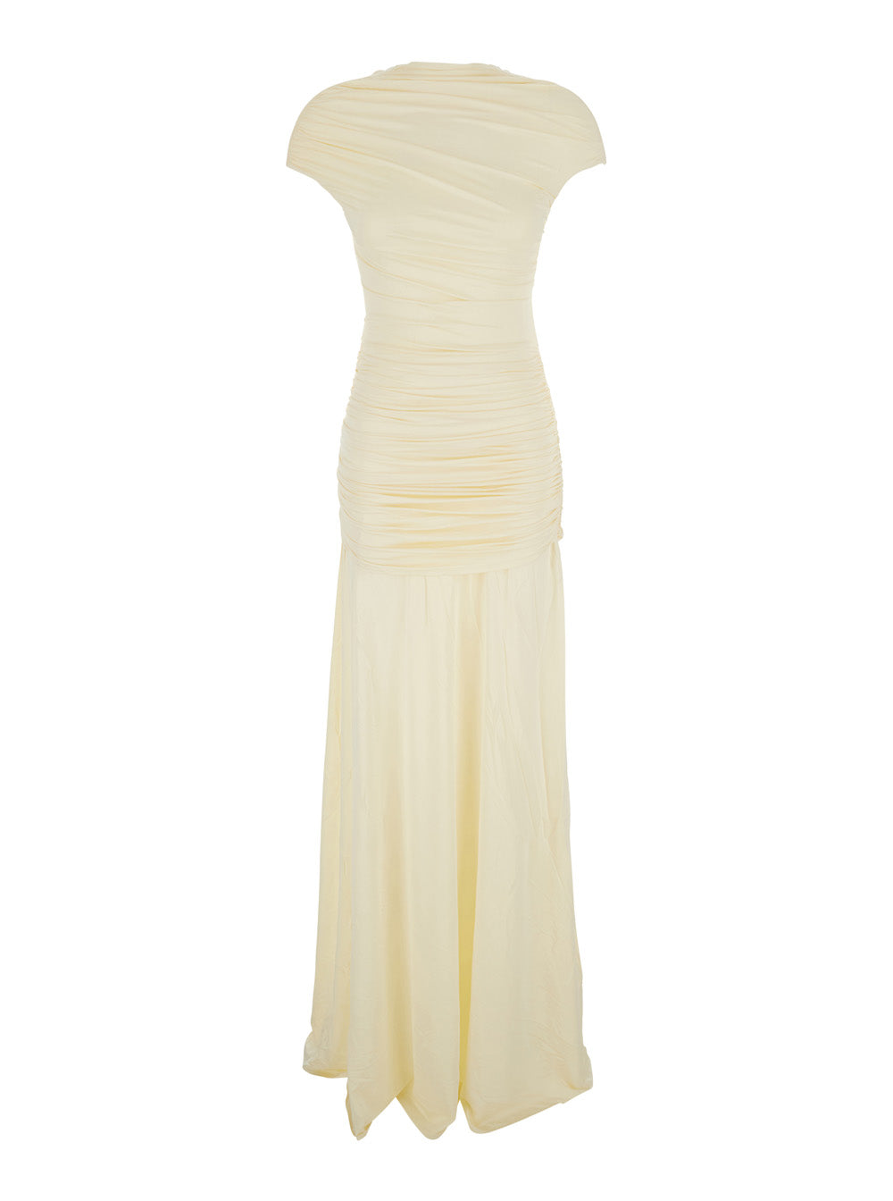 Dress Draped Maxi Yellow With V-Neck And Details In Jersey Women Long