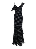 Long Dress Black Polka Dot With V-Neck In Georgette For Women