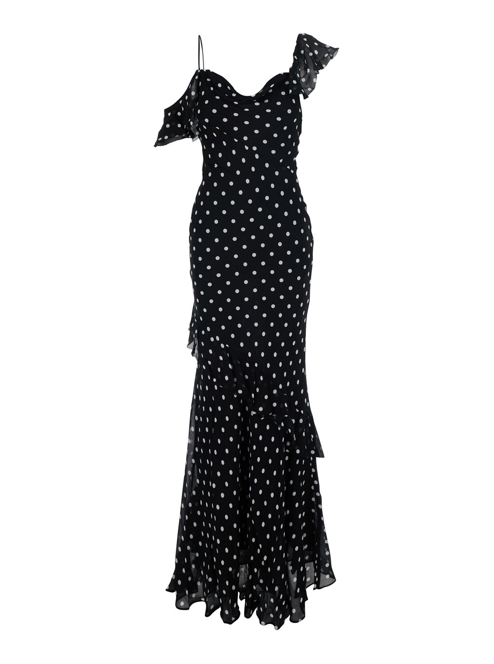 Long Dress Black Polka Dot With V-Neck In Georgette For Women