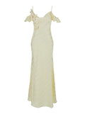Dress Yellow Satin Striped Maxi With V-Neck In Silk For Women Long