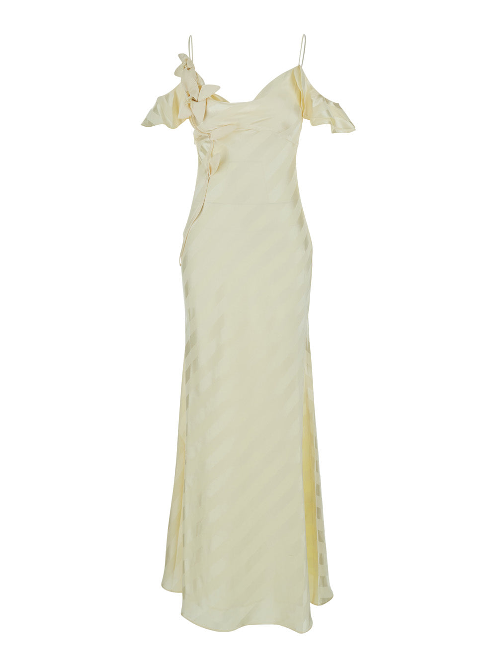 Dress Yellow Satin Striped Maxi With V-Neck In Silk For Women Long