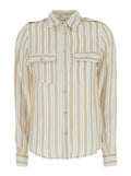Shirt Linen Striped Beige With Long Sleeves And Classic Collar For Women Blouses