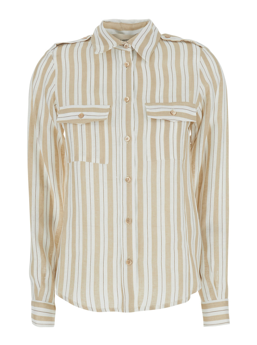 Shirt Linen Striped Beige With Long Sleeves And Classic Collar For Women Blouses