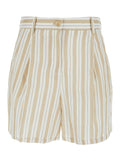 Linen Striped Shorts - Beige Elasticated Waist Women And Bermuda
