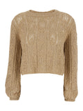 Beige Crop Crewneck Sweater with Elastic Hem and Perforated Design for Women Cotton Polyamide Jersey