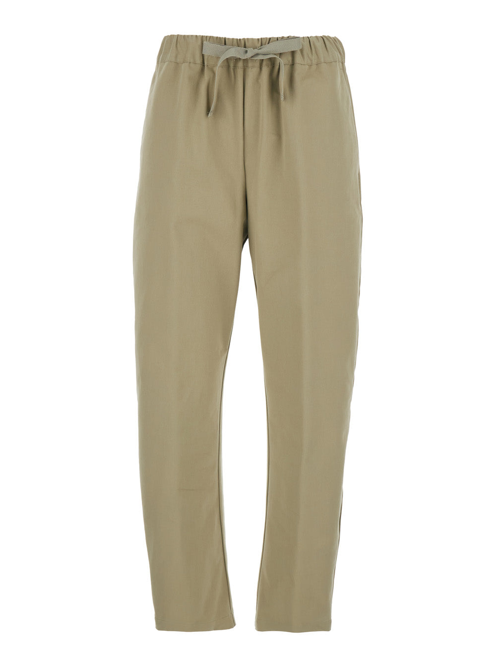 Beige Cotton Pants with Elastic Waist and Drawstring for Women Trousers
