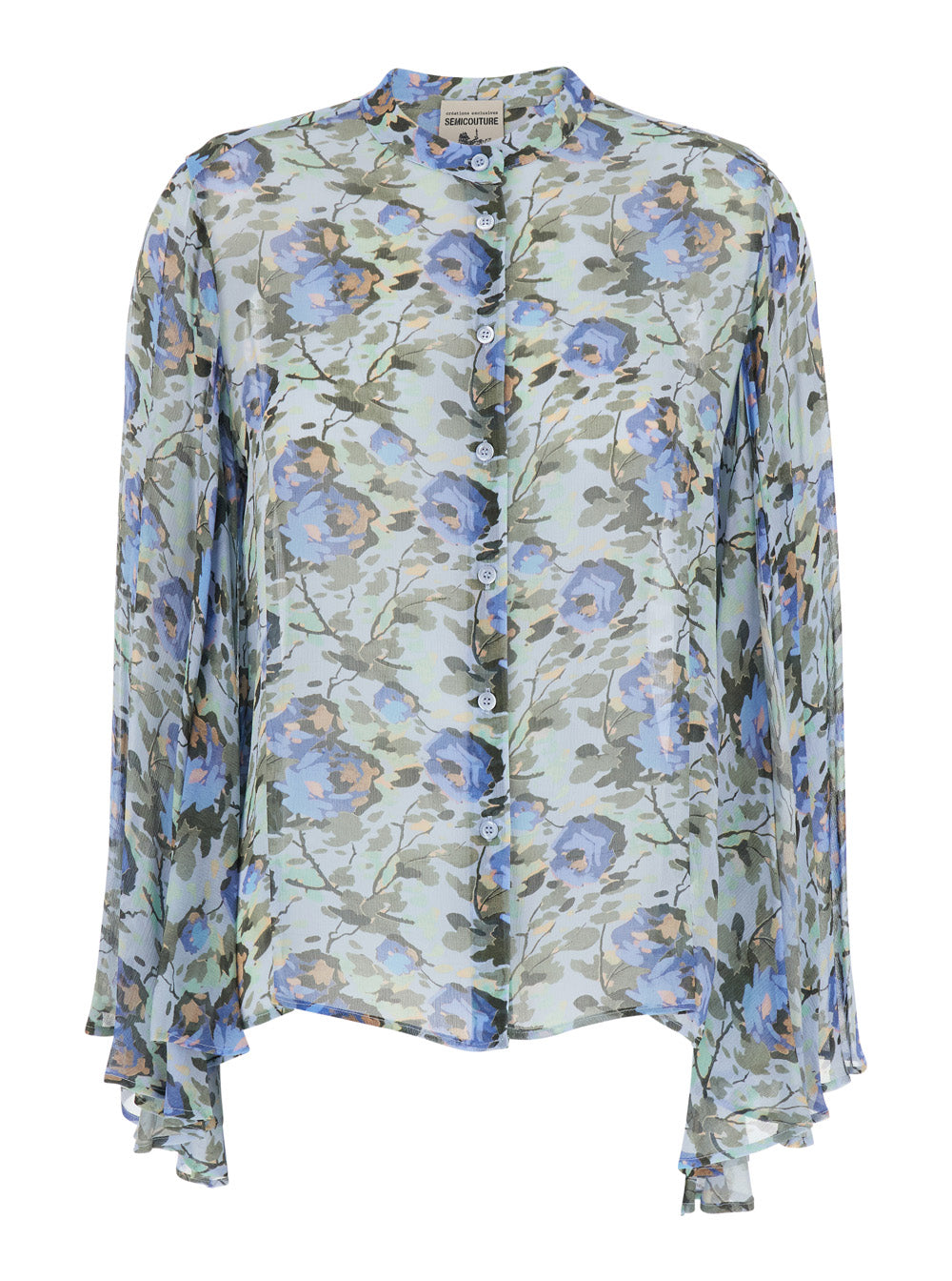 Round Neck Blouse with Ruffles and All-Over Floral Print in Multicolored Viscose for Women Multicolor Shirts Blouses