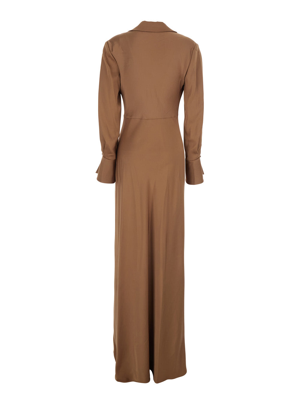 Long Dress Adelle with Draped Neckline and Wide Cuffs Tech Fabric Brown Women Acetate Polyester