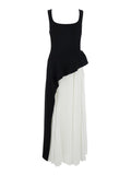 Dress Zayla with Square Neckline and Pleated Skirt in Black White Tech Fabric for Women White/black Long