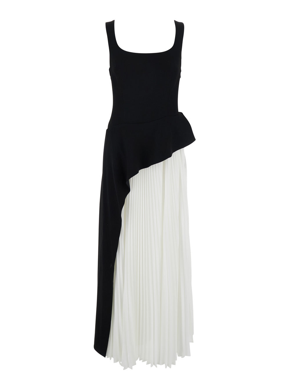 Dress Zayla with Square Neckline and Pleated Skirt in Black White Tech Fabric for Women White/black Long
