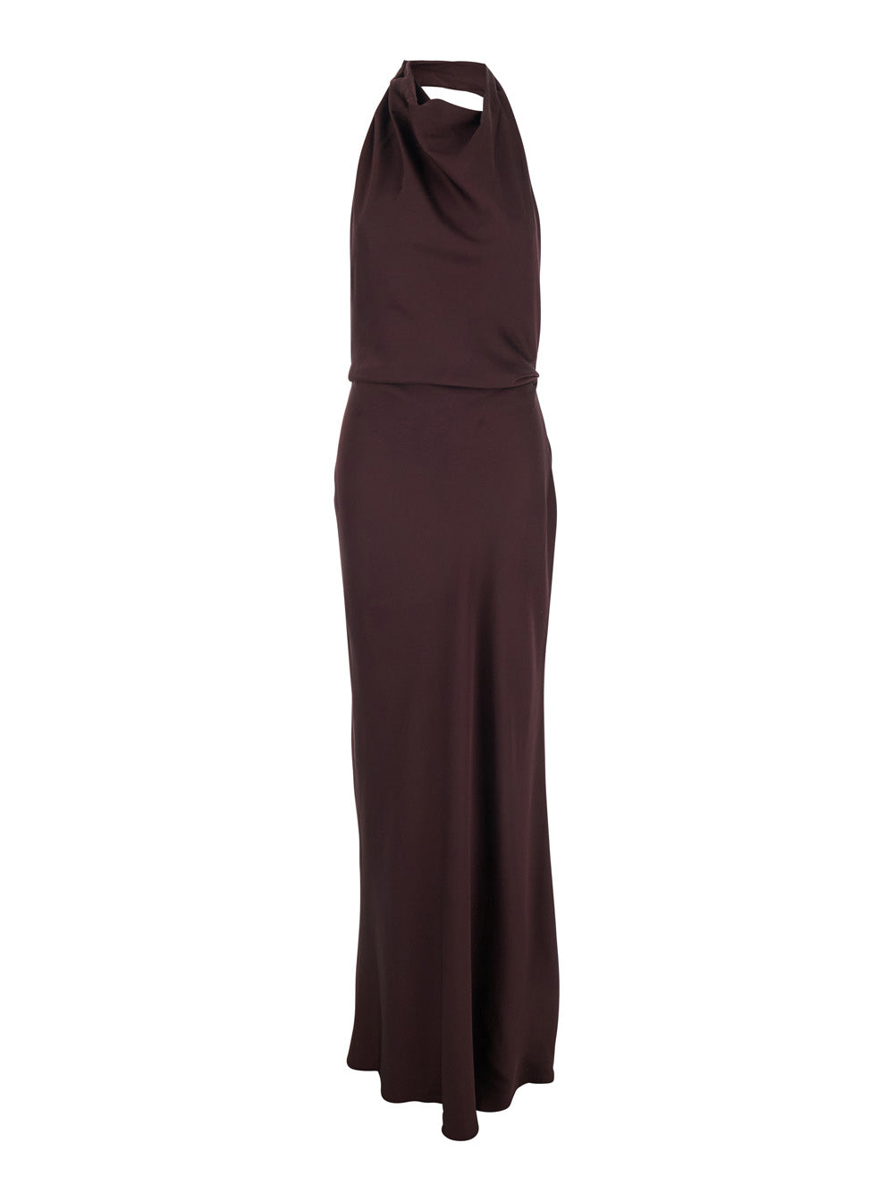 Long Dress Reanon with American Neckline and Open Back in Tech Fabric Brown Women Acetate Polyester