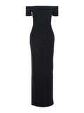Dress Nile with Off Shoulder and Vent on the Back in Black Fabric for Women Polyester Elastane Long