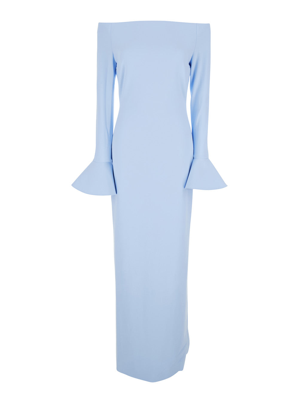 Long Dress Anica with Bell Sleeves and Off Shoulder Design in Blue Stretch Tech Fabric for Women Light Polyester Elastane