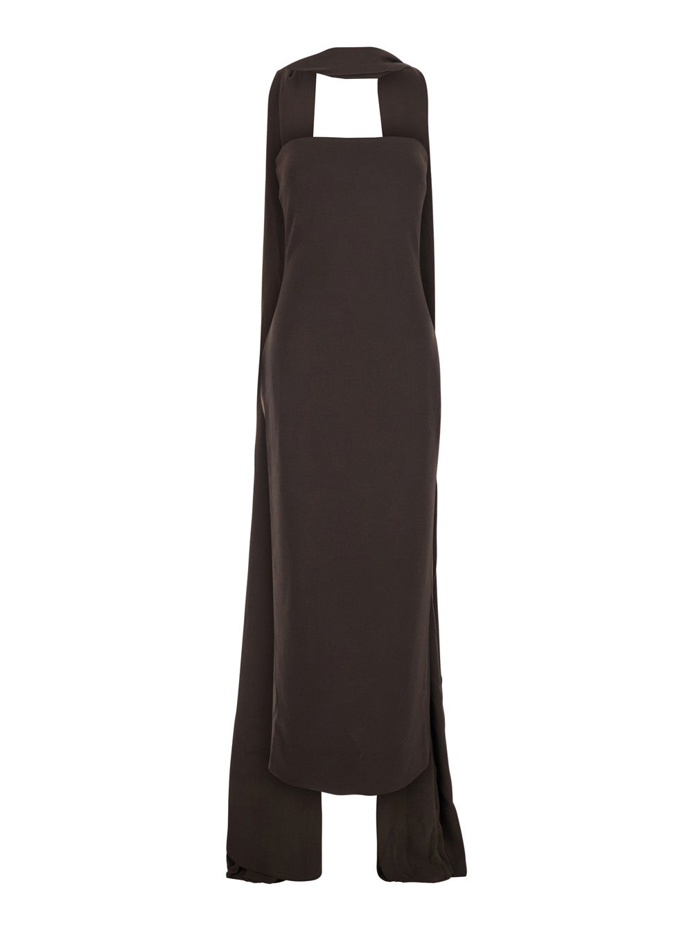MARTINE MIDAXI DRESS - Brown Off shoulder long with V-neck In fabric Women Polyester Elastane