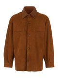 Brown Jacket with Classic Collar and Two Suede Front Pockets for Men Leather Outerwear