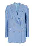 Double-breasted Jasmine Jacket with Peak Revers and Jewel Buttons in Blue Wool Blend for Women Light Virgin Silk Linen Blazers