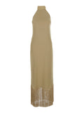 Long Dress Berlin Beige with High Collar and Applied Fringes on the Edges in Cady Crepe Women Acetate Viscose Elastane
