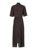 Long Dress with Classic Collar and Waist Belt in Brown Linen Blend for Women Viscose Polyamide