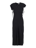 Long Dress Black with V-Neck and Side Draping in Linen Blend for Women Viscose Elastane