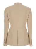 Double-breasted jacket with V-neck in linen and cotton blend beige women Blazers