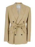 Double-breasted jacket with peak revers in tech fabric beige women Viscose Linen Blazers