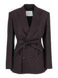 Double-breasted jacket with peak revers in brown tech fabric for women Viscose Linen Blazers