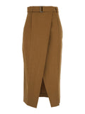 Brown Skirt with Belt and Front Vent in Linen Blend for Women Viscose Elastane