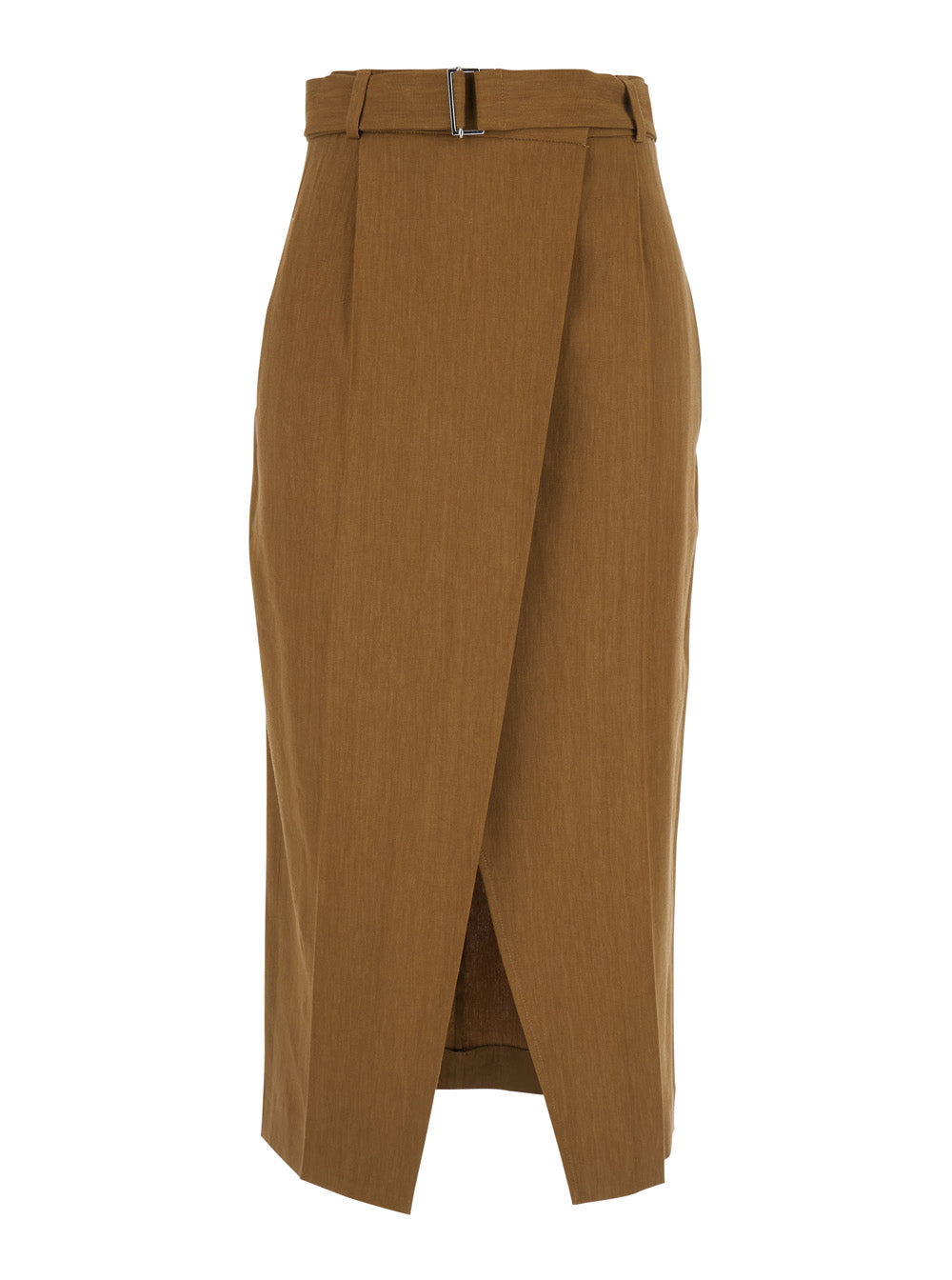 Brown Skirt with Belt and Front Vent in Linen Blend for Women Viscose Elastane