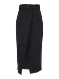 Skirt with belt and front slit in black linen blend for women Viscose Elastane