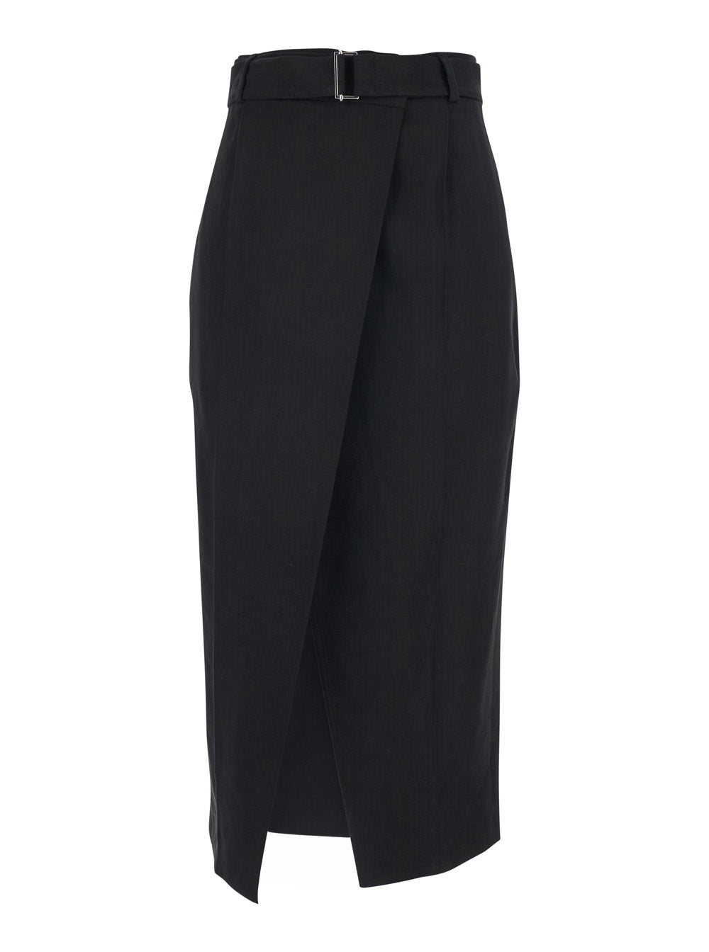Skirt with belt and front slit in black linen blend for women Viscose Elastane