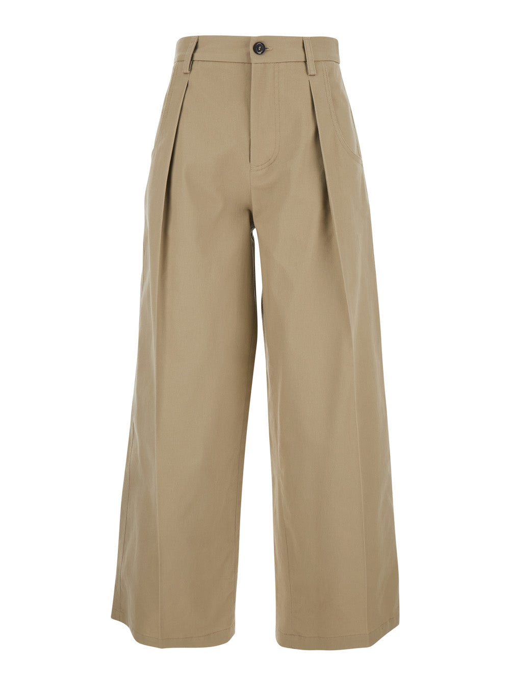 Beige Cotton Front Pleated Trousers for Women Elastane