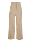 Beige Front Pleated Trousers Cotton And Linen Blend For Women