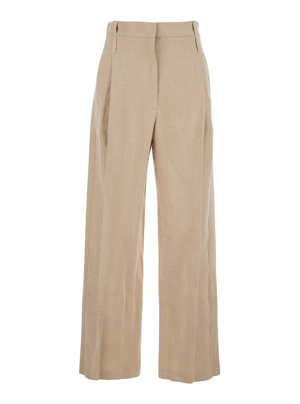 Beige Front Pleated Trousers Cotton And Linen Blend For Women