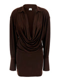 Mini Dress Lilia With Deep V-Neck Brown Fabric For Women