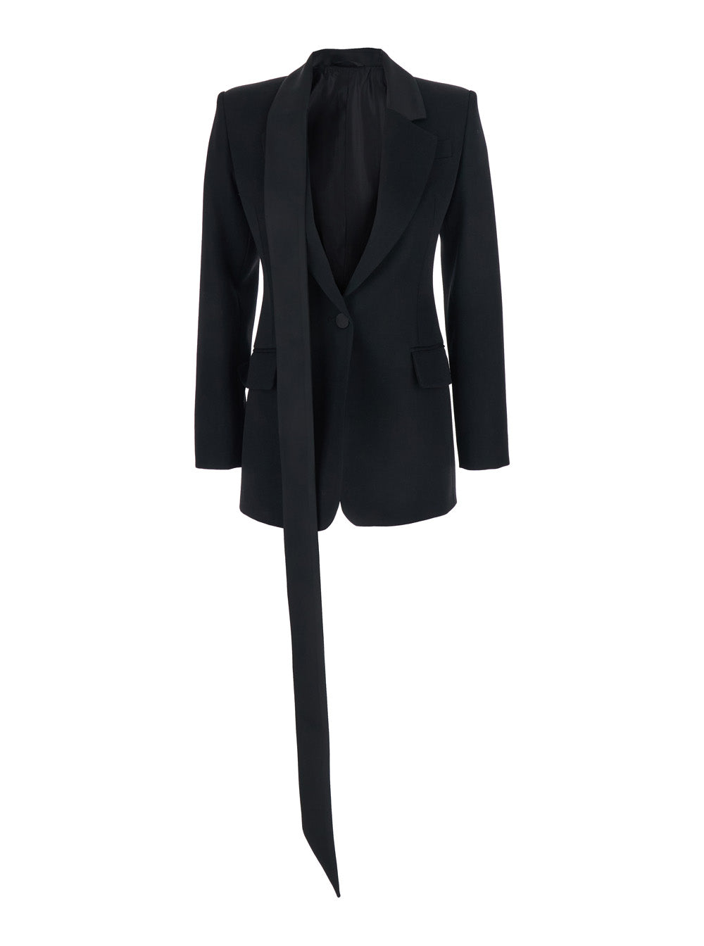 Black Single-breasted Jacket with Notched Revers and Oversized Strap Detail in Wool for Women Virgin Blazers