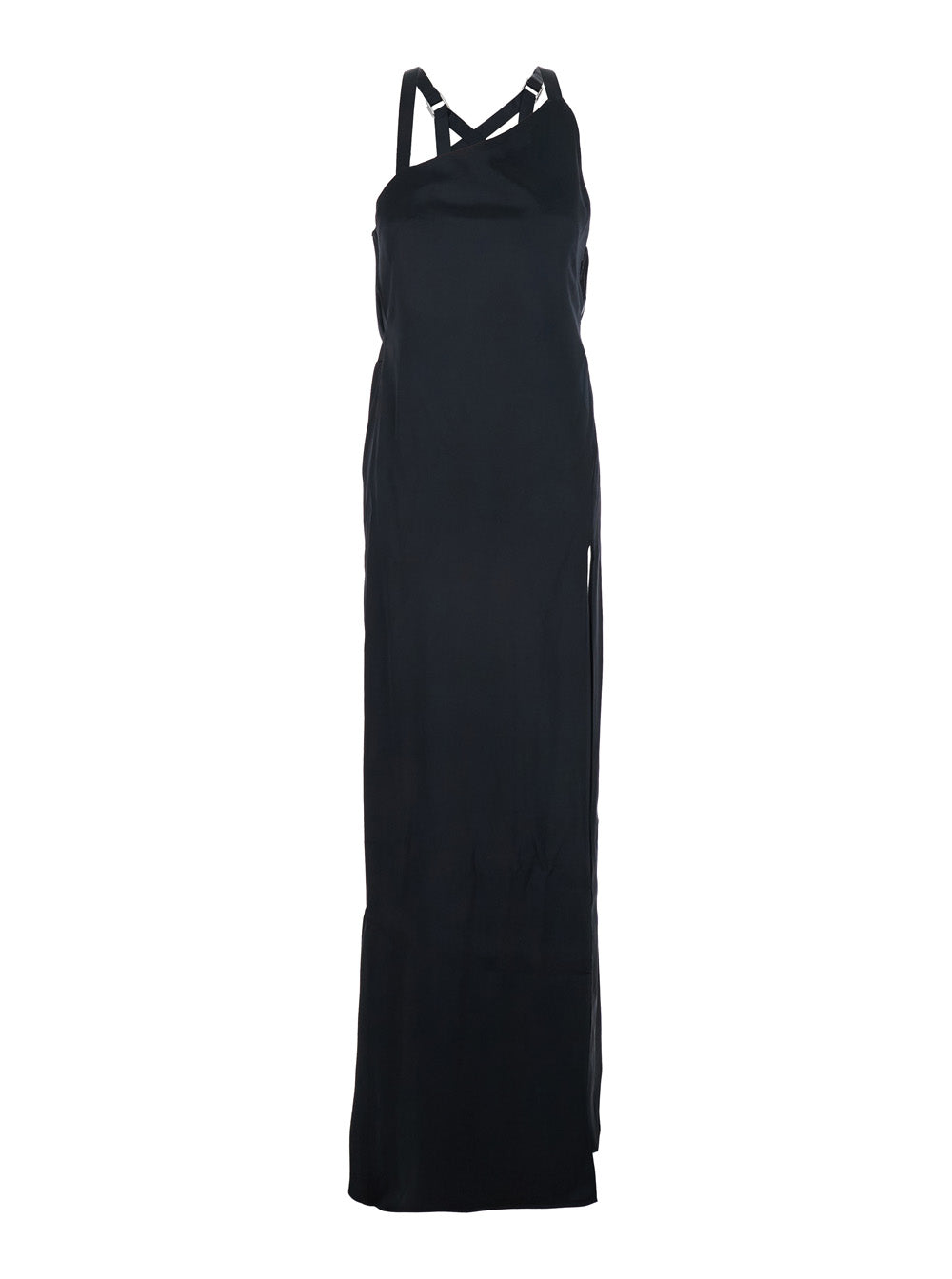 Black Long Sleeveless Dress With Crossed Adjustable Straps And Open Back Viscose For Women