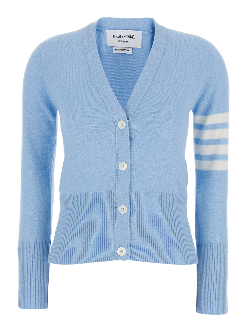 V-Neck Cardigan with 4Bar Logo on Sleeve in Blue Cashmere for Women Light Jersey