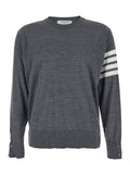 Crew Neck Sweater with 4-Bar Detail in Grey Virgin Wool for Men Jersey