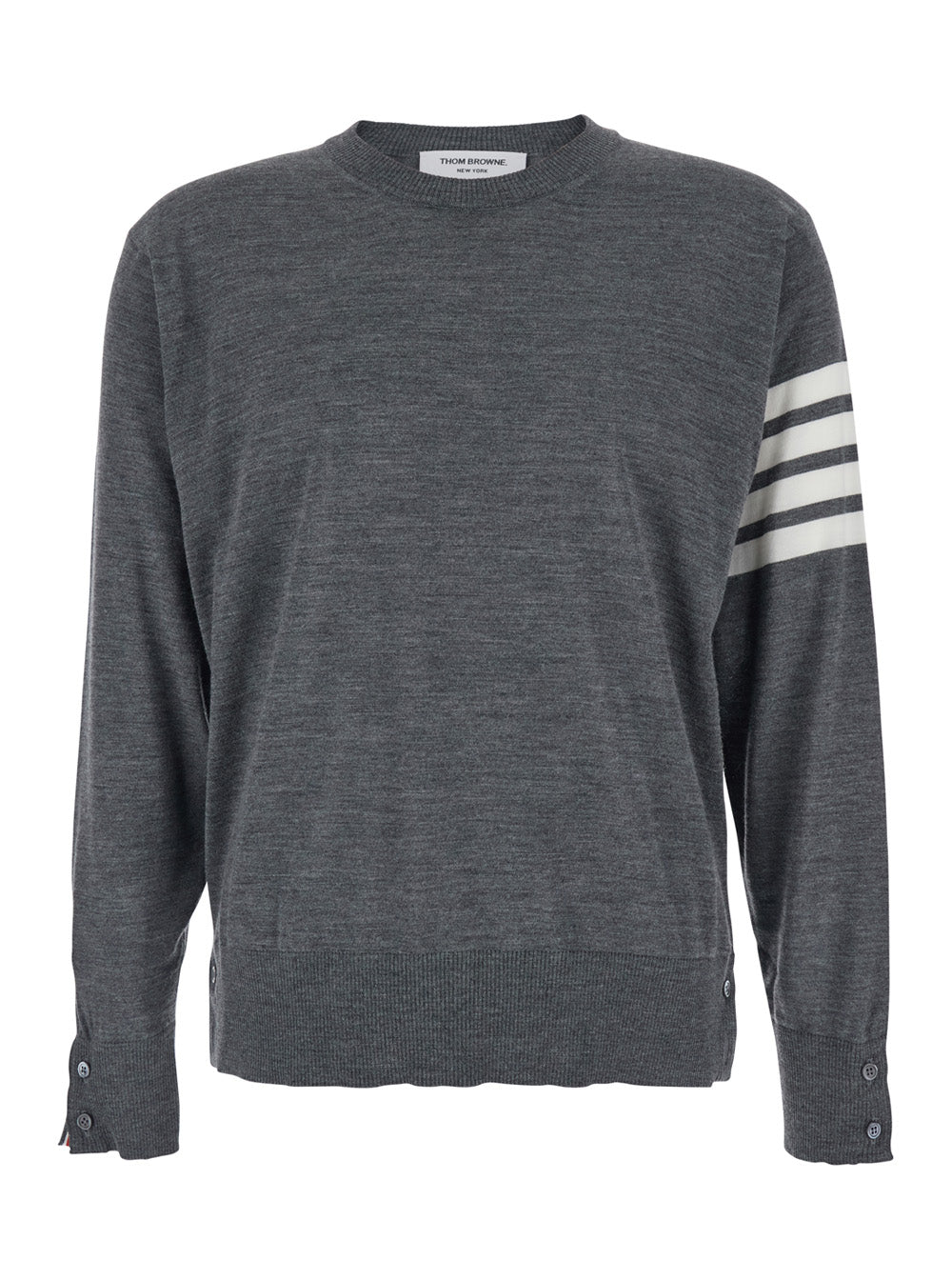 Crew Neck Sweater with 4-Bar Detail in Grey Virgin Wool for Men Jersey