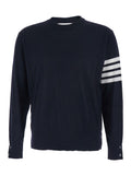 Crew Neck 4-Bar Blue Wool Sweater for Men Blu Virgin Jersey