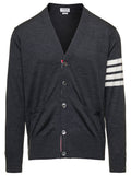 Gray Wool Mens V-Neck Cardigan with Stripe Detail Grey Virgin Jersey